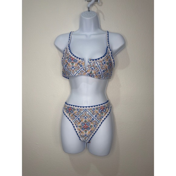 Womens Mediterranean Tile Print Bikini Set Blue White Scalloped Ric Rac Size L - Picture 2 of 4